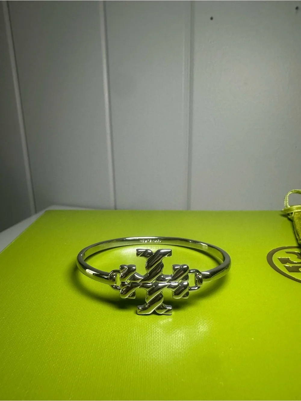 Tory Burch Silver Textured Rope Logo Hinged Cuff Bracelet